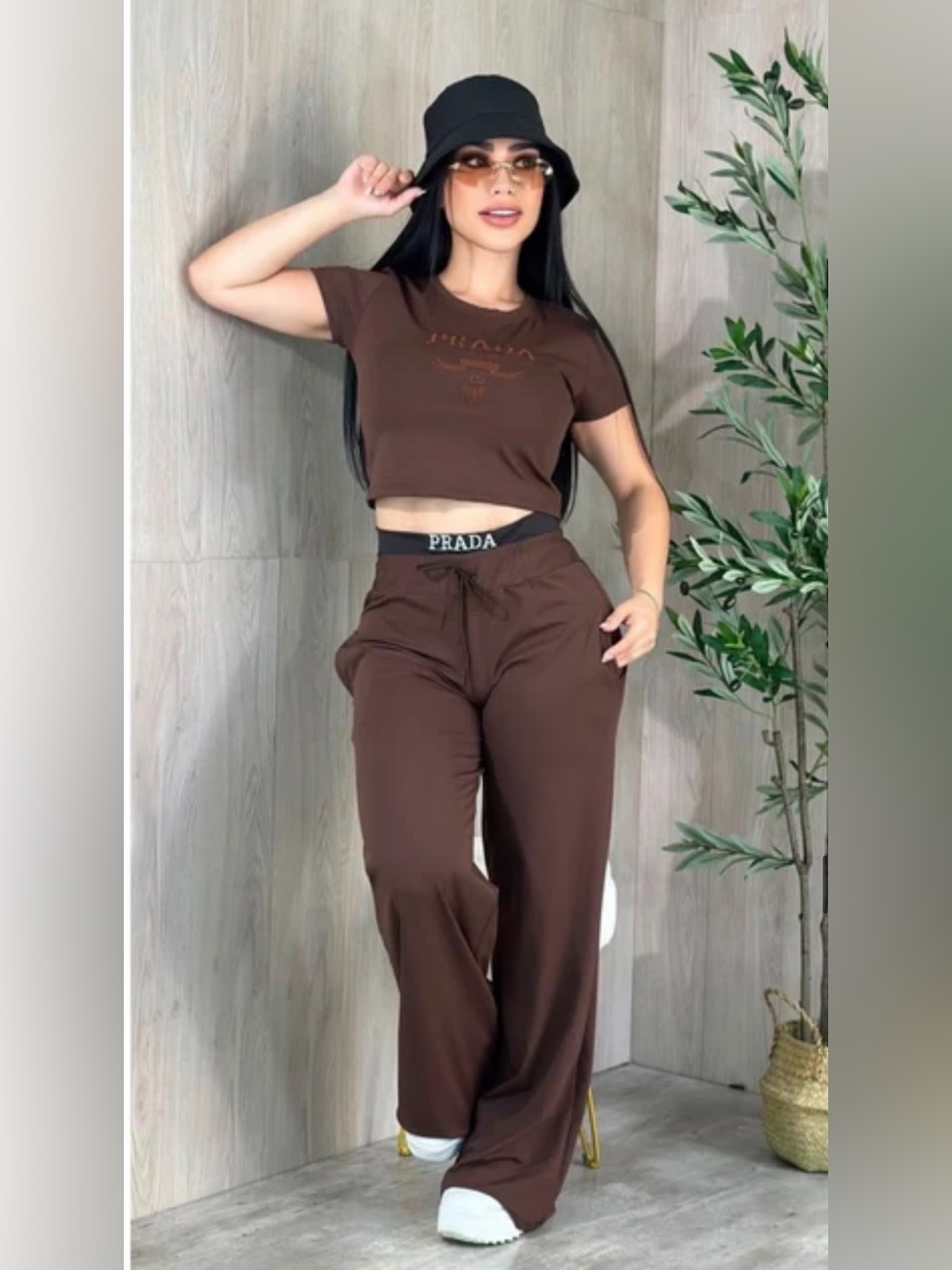 Brown Drawstring Wide-Leg Track Pants with Matching Top Two piece Set size S